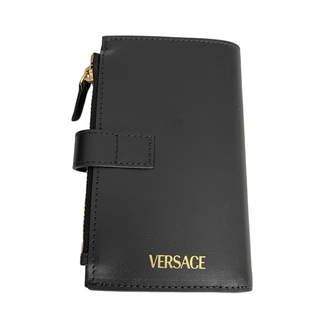 Versace 1002897 Medusa‎ Gold Compact Black Leather Folding Wallet